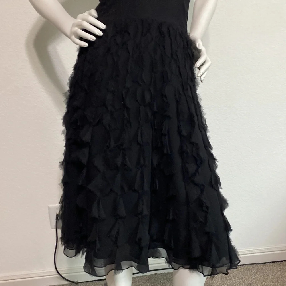White House Black Market Black Silk Low Cut Ruffle Sleeveless Midi Dress Size M - Picture 2 of 9